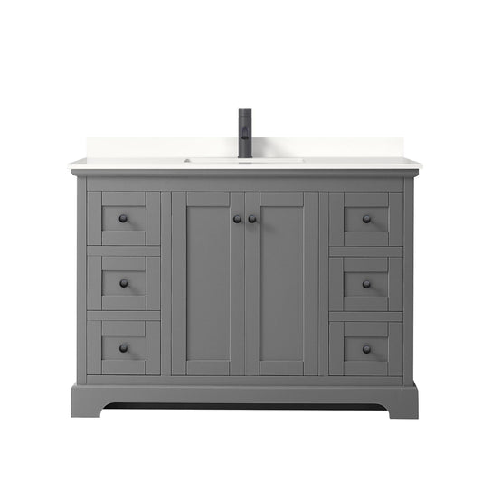 Wyndham Collection Avery 48" Single Bathroom Vanity in Dark Gray, White Quartz Countertop, Undermount Square Sink (1-Hole), Matte Black Trim