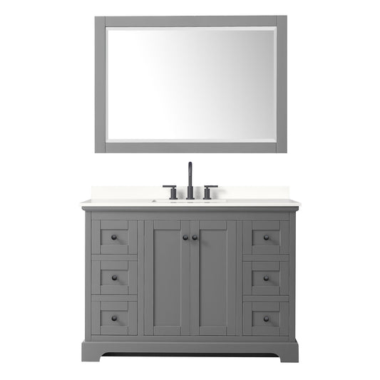 Wyndham Collection Avery 48" Single Bathroom Vanity in Dark Gray, White Quartz Countertop, Undermount Square Sink (3-Hole), Matte Black Trim and 46" Mirror
