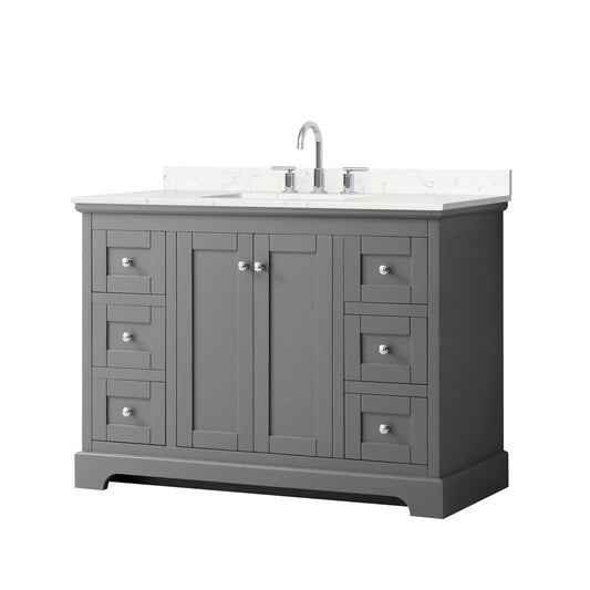 Wyndham Collection Avery 48" Single Bathroom Vanity in Dark Gray, Carrara Cultured Marble Countertop, Undermount Square Sink (3-Hole), Polished Chrome Trim