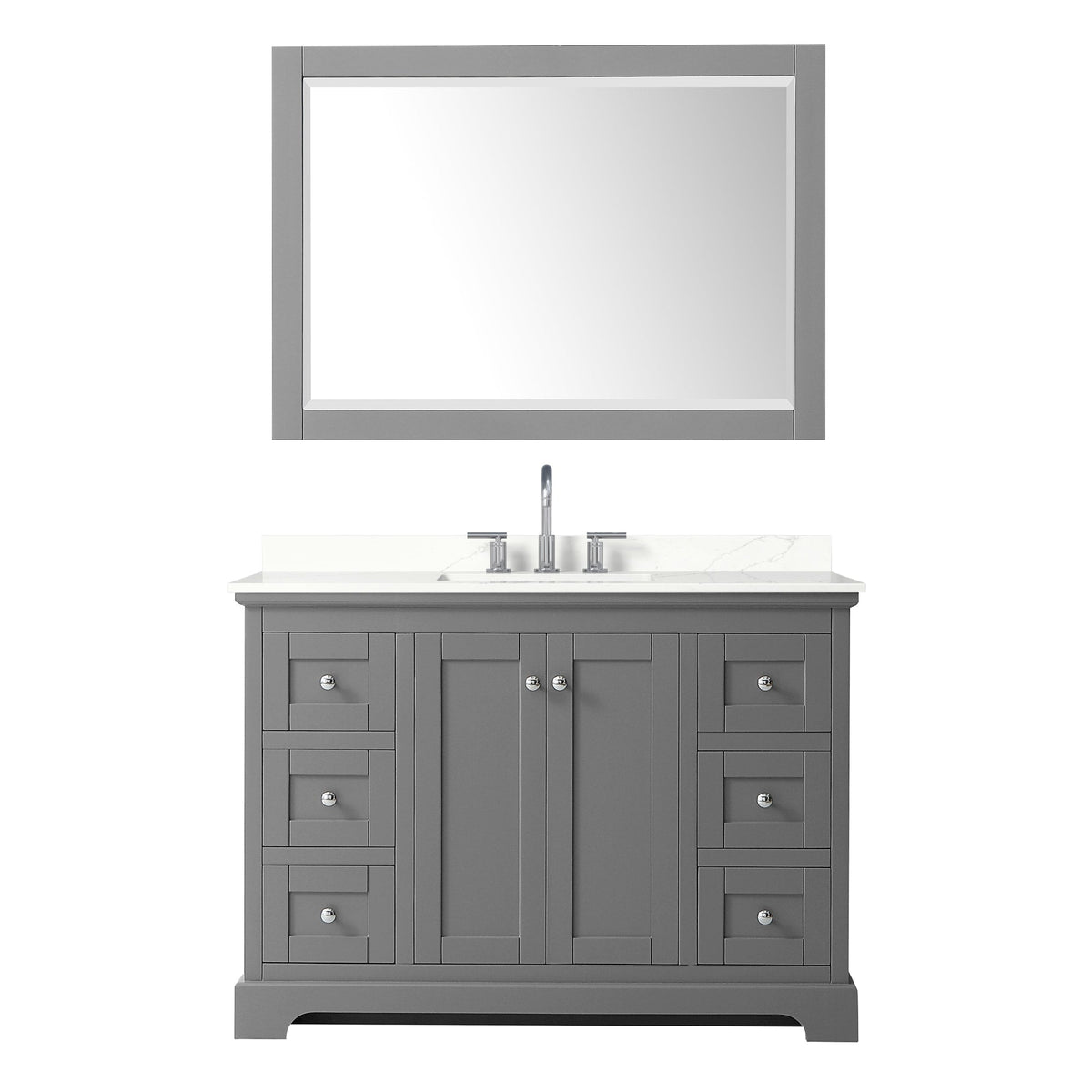 Wyndham Collection Avery 48" Single Bathroom Vanity in Dark Gray, Giotto Quartz Countertop, Undermount Square Sink (3-Hole), Polished Chrome Trim and 46" Mirror