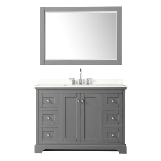 Wyndham Collection Avery 48" Single Bathroom Vanity in Dark Gray, Giotto Quartz Countertop, Undermount Square Sink (3-Hole), Polished Chrome Trim and 46" Mirror