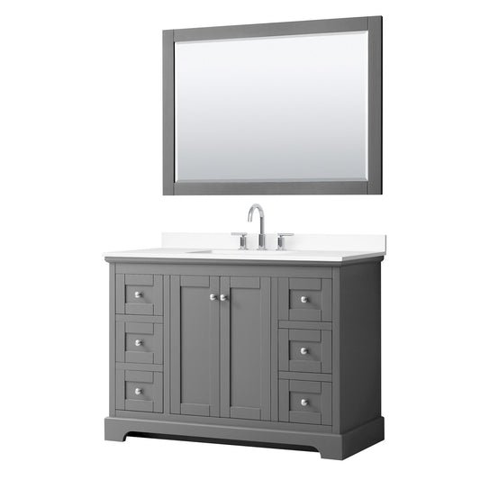 Wyndham Collection Avery 48" Single Bathroom Vanity in Dark Gray, White Cultured Marble Countertop, Undermount Square Sink (3-Hole), Polished Chrome Trim and 46" Mirror