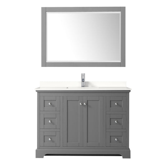 Wyndham Collection Avery 48" Single Bathroom Vanity in Dark Gray, White Quartz Countertop, Undermount Square Sink (1-Hole), Polished Chrome Trim and 46" Mirror