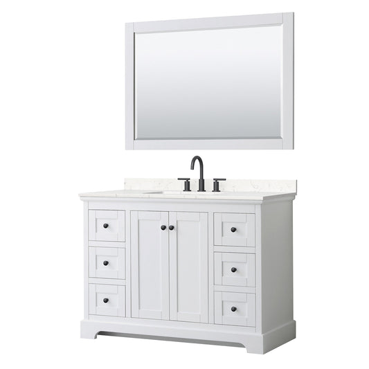 Wyndham Collection Avery 48" Single Bathroom Vanity in White, Carrara Cultured Marble Countertop, Undermount Square Sink (3-Hole), Matte Black Trim and 46" Mirror