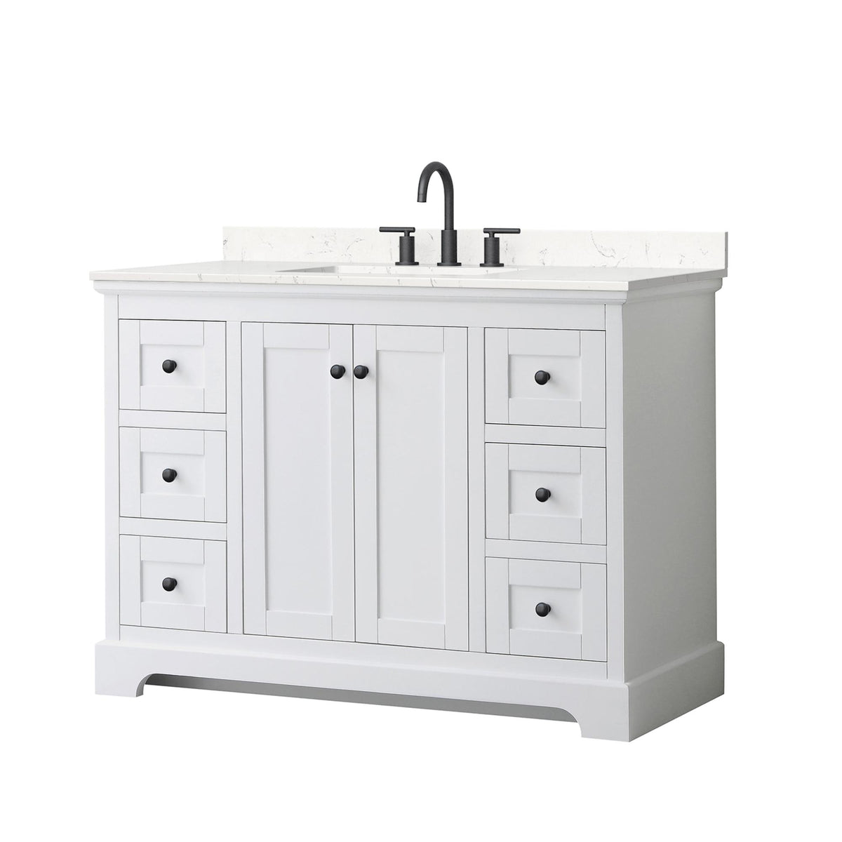 Wyndham Collection Avery 48" Single Bathroom Vanity in White, Carrara Cultured Marble Countertop, Undermount Square Sink (3-Hole), Matte Black Trim