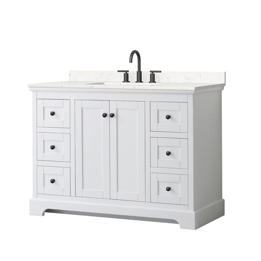 Wyndham Collection Avery 48" Single Bathroom Vanity in White, Carrara Cultured Marble Countertop, Undermount Square Sink (3-Hole), Matte Black Trim