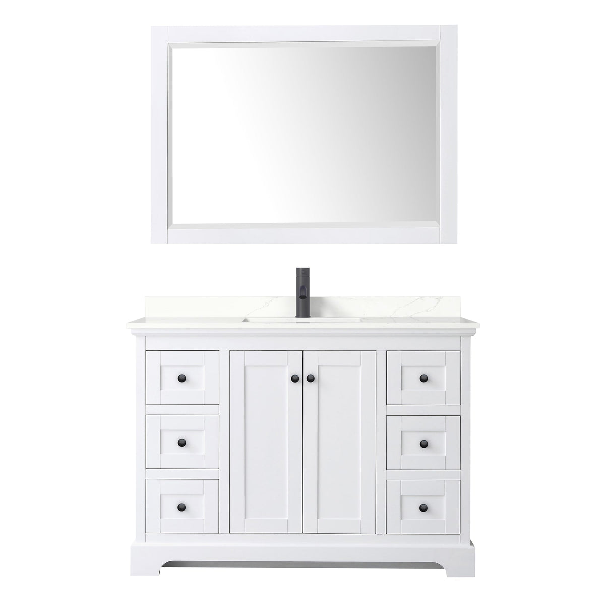 Wyndham Collection Avery 48" Single Bathroom Vanity in White, Giotto Quartz Countertop, Undermount Square Sink (1-Hole), Matte Black Trim and 46" Mirror