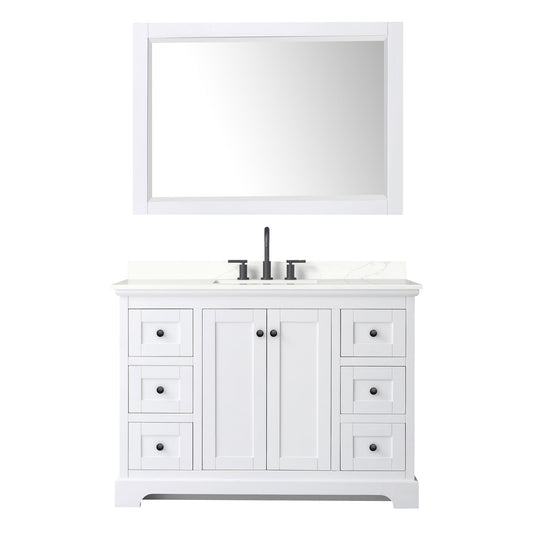 Wyndham Collection Avery 48" Single Bathroom Vanity in White, Giotto Quartz Countertop, Undermount Square Sink (3-Hole), Matte Black Trim and 46" Mirror