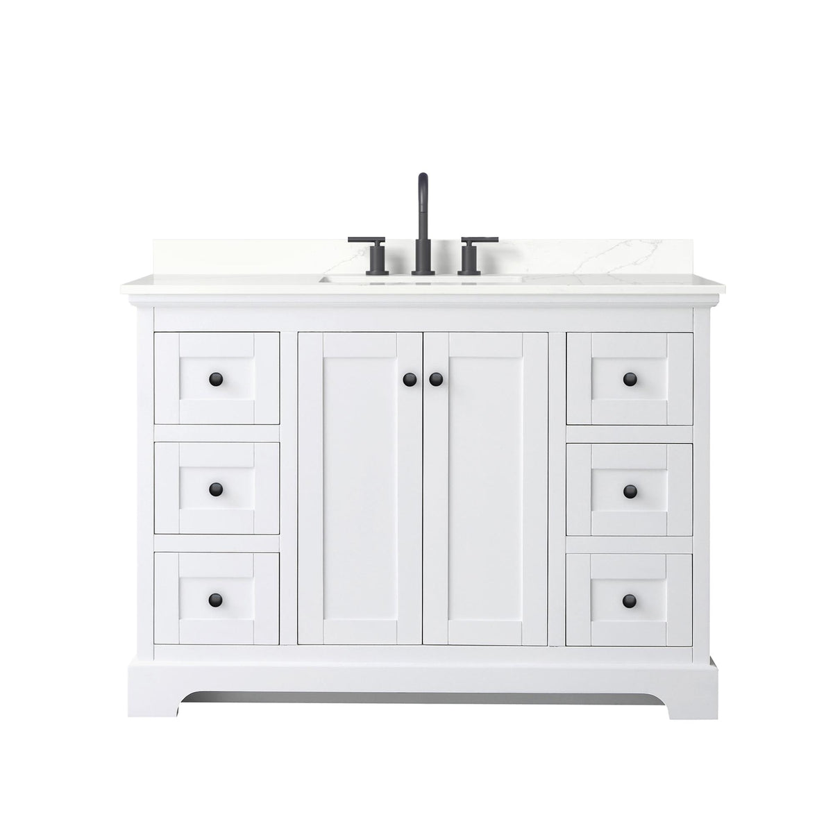 Wyndham Collection Avery 48" Single Bathroom Vanity in White, Giotto Quartz Countertop, Undermount Square Sink (3-Hole), Matte Black Trim
