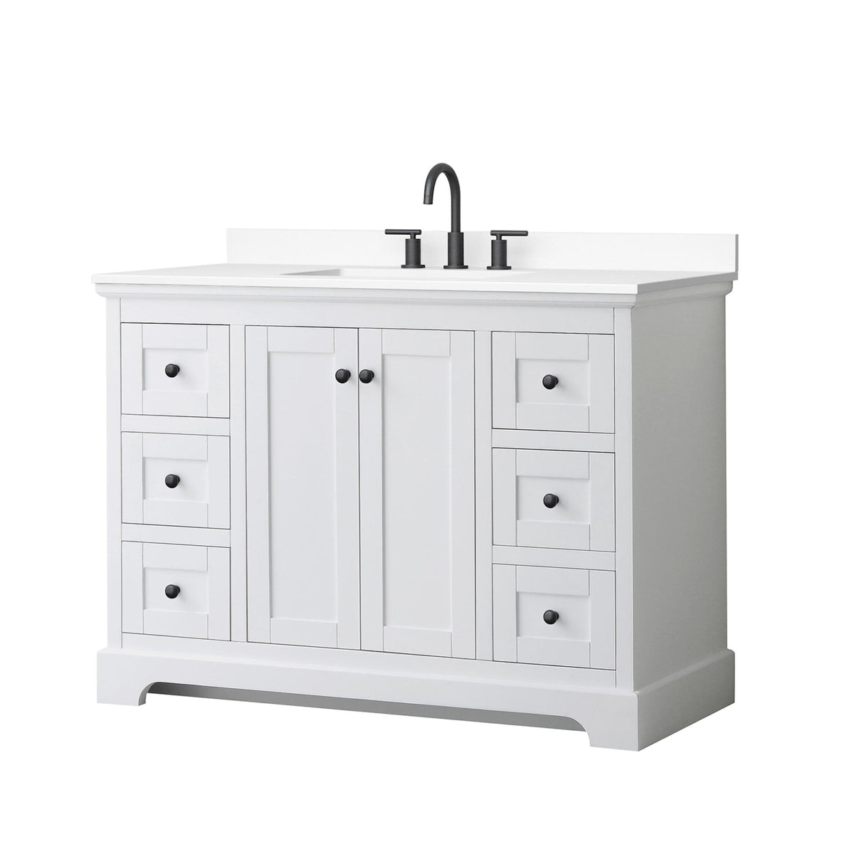 Wyndham Collection Avery 48" Single Bathroom Vanity in White, White Cultured Marble Countertop, Undermount Square Sink (3-Hole), Matte Black Trim