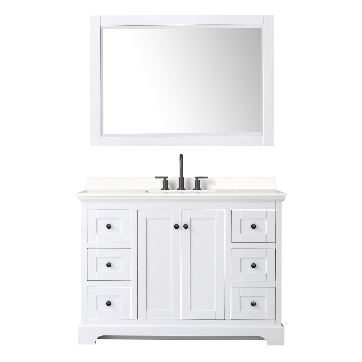 Wyndham Collection Avery 48" Single Bathroom Vanity in White, White Quartz Countertop, Undermount Square Sink (3-Hole), Matte Black Trim and 46" Mirror