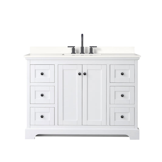 Wyndham Collection Avery 48" Single Bathroom Vanity in White, White Quartz Countertop, Undermount Square Sink (3-Hole), Matte Black Trim