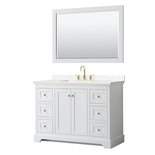 Wyndham Collection Avery 48" Single Bathroom Vanity in White, Carrara Cultured Marble Countertop, Undermount Square Sink (3-Hole), 46" Mirror, Brushed Gold Trim
