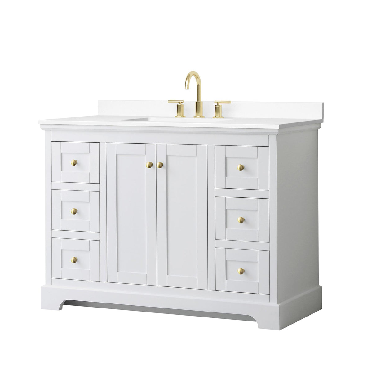 Wyndham Collection Avery 48" Single Bathroom Vanity in White, White Cultured Marble Countertop, Undermount Square Sink (3-Hole), Brushed Gold Trim