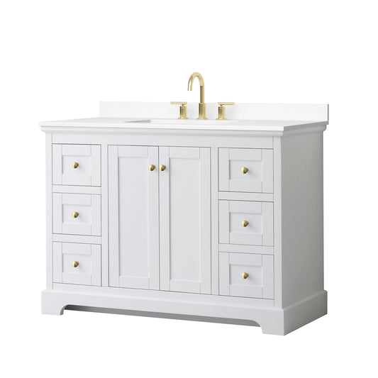 Wyndham Collection Avery 48" Single Bathroom Vanity in White, White Cultured Marble Countertop, Undermount Square Sink (3-Hole), Brushed Gold Trim