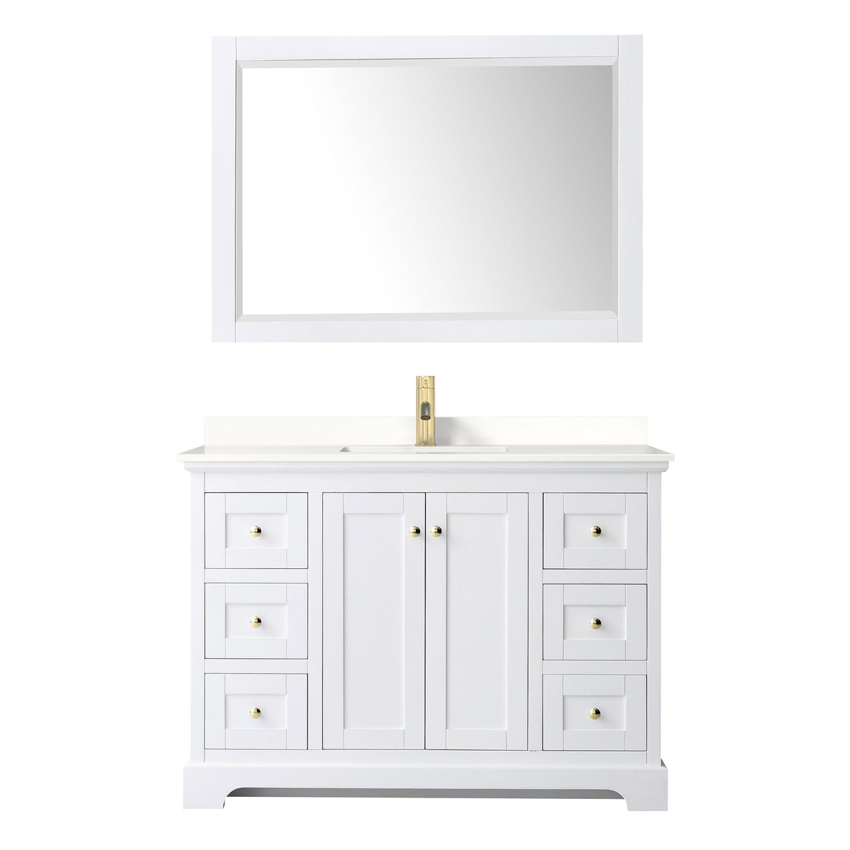 Wyndham Collection Avery 48" Single Bathroom Vanity in White, White Quartz Countertop, Undermount Square Sink (1-Hole), Brushed Gold Trim and 46" Mirror