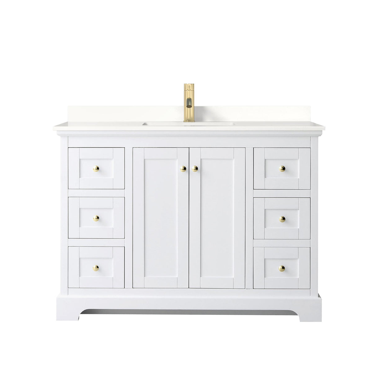Wyndham Collection Avery 48" Single Bathroom Vanity in White, White Quartz Countertop, Undermount Square Sink (1-Hole), Brushed Gold Trim
