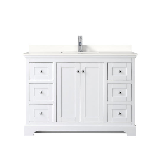 Wyndham Collection Avery 48" Single Bathroom Vanity in White, White Quartz Countertop, Undermount Square Sink (1-Hole), Polished Chrome Trim