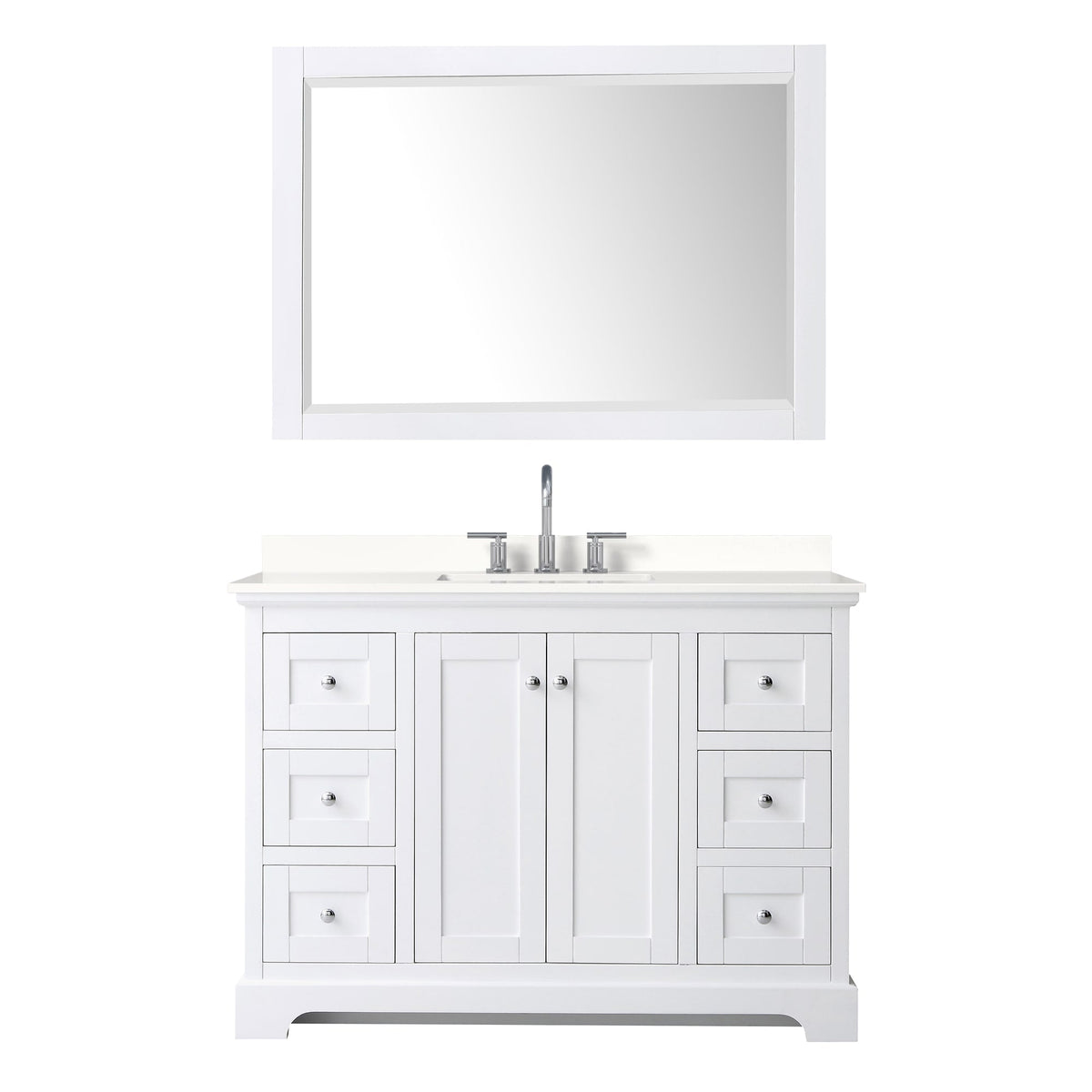 Wyndham Collection Avery 48" Single Bathroom Vanity in White, White Quartz Countertop, Undermount Square Sink (3-Hole), Polished Chrome Trim and 46" Mirror