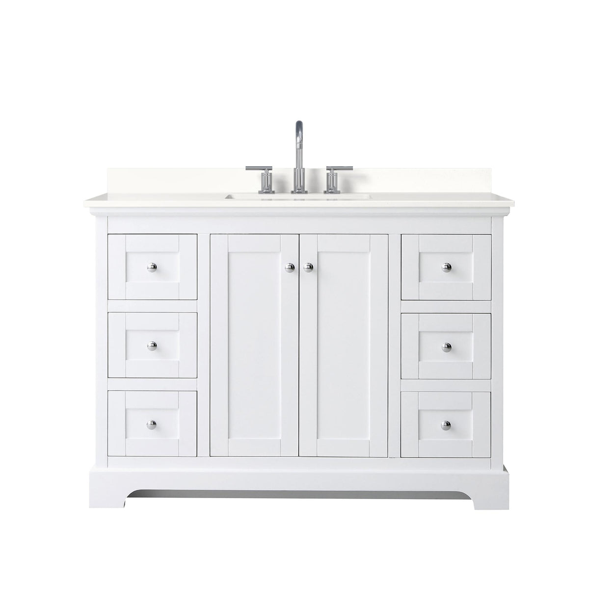Wyndham Collection Avery 48" Single Bathroom Vanity in White, White Quartz Countertop, Undermount Square Sink (3-Hole), Polished Chrome Trim