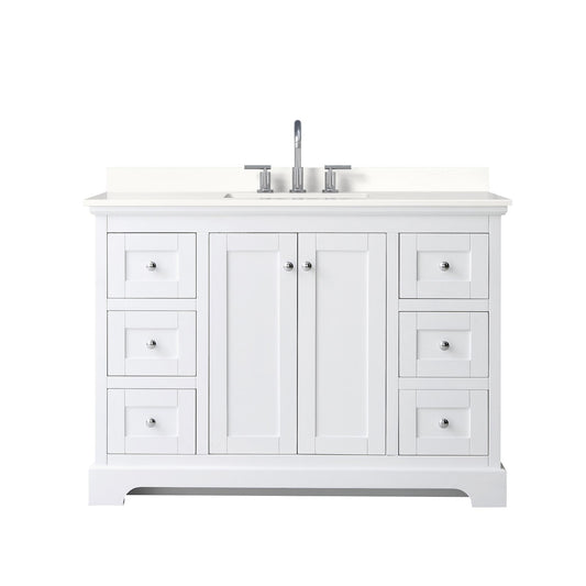 Wyndham Collection Avery 48" Single Bathroom Vanity in White, White Quartz Countertop, Undermount Square Sink (3-Hole), Polished Chrome Trim