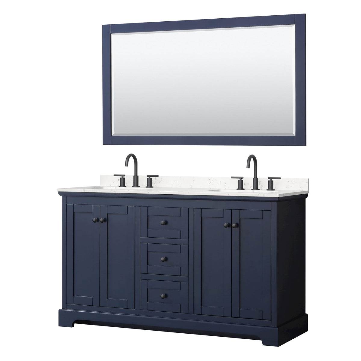 Wyndham Collection Avery 60" Double Bathroom Vanity in Dark Blue, Carrara Cultured Marble Countertop, Undermount Square Sinks (3-Hole), Matte Black Trim and 58" Mirror