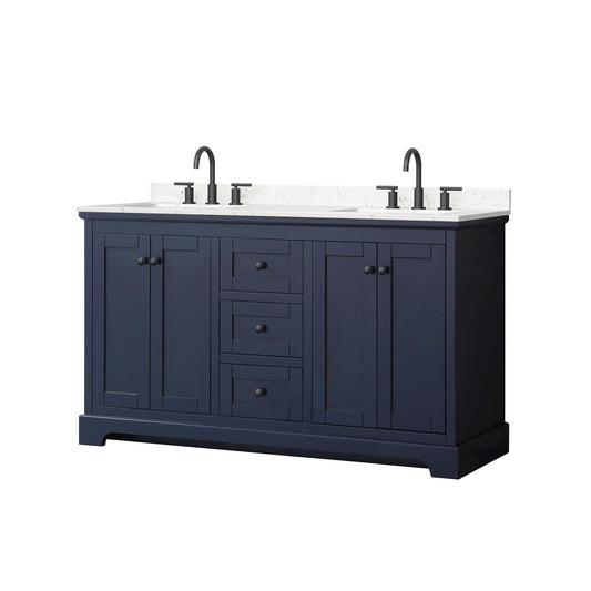 Wyndham Collection Avery 60" Double Bathroom Vanity in Dark Blue, Carrara Cultured Marble Countertop, Undermount Square Sinks (3-Hole), Matte Black Trim