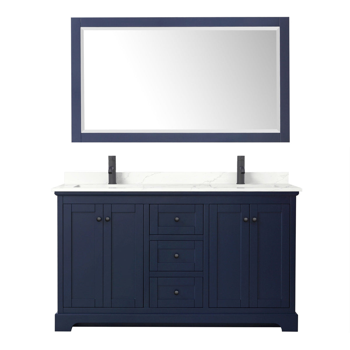 Wyndham Collection Avery 60" Double Bathroom Vanity in Dark Blue, Giotto Quartz Countertop, Undermount Square Sinks (1-Hole), Matte Black Trim and 58" Mirror