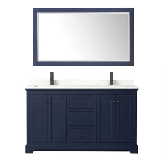 Wyndham Collection Avery 60" Double Bathroom Vanity in Dark Blue, Giotto Quartz Countertop, Undermount Square Sinks (1-Hole), Matte Black Trim and 58" Mirror
