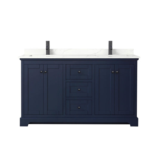 Wyndham Collection Avery 60" Double Bathroom Vanity in Dark Blue, Giotto Quartz Countertop, Undermount Square Sinks (1-Hole), Matte Black Trim