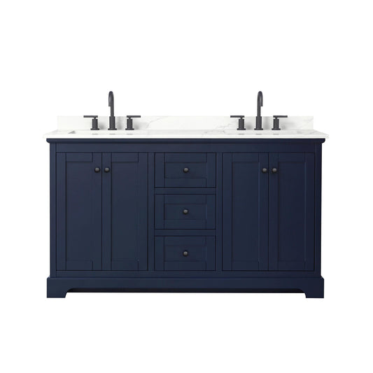 Wyndham Collection Avery 60" Double Bathroom Vanity in Dark Blue, Giotto Quartz Countertop, Undermount Square Sinks (3-Hole), Matte Black Trim
