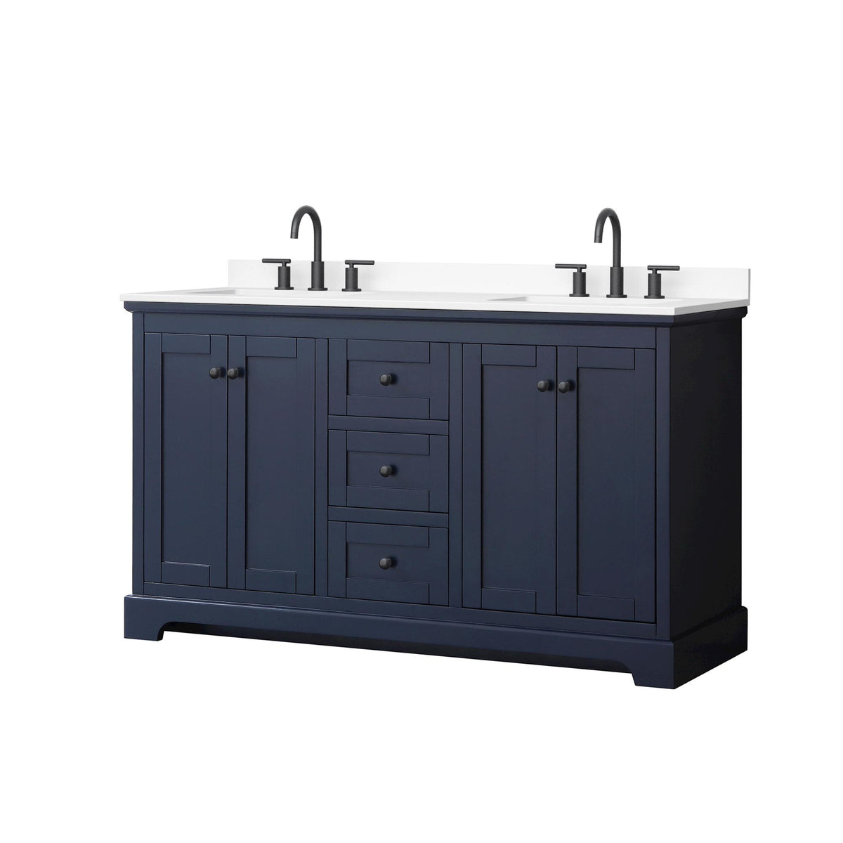 Wyndham Collection Avery 60" Double Bathroom Vanity in Dark Blue, White Cultured Marble Countertop, Undermount Square Sinks (3-Hole), Matte Black Trim