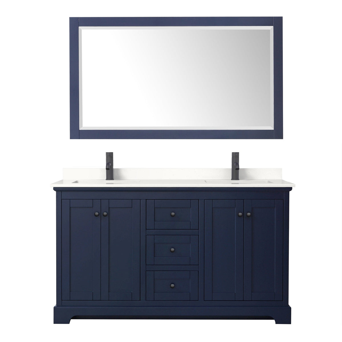 Wyndham Collection Avery 60" Double Bathroom Vanity in Dark Blue, White Quartz Countertop, Undermount Square Sinks (1-Hole), Matte Black Trim and 58" Mirror