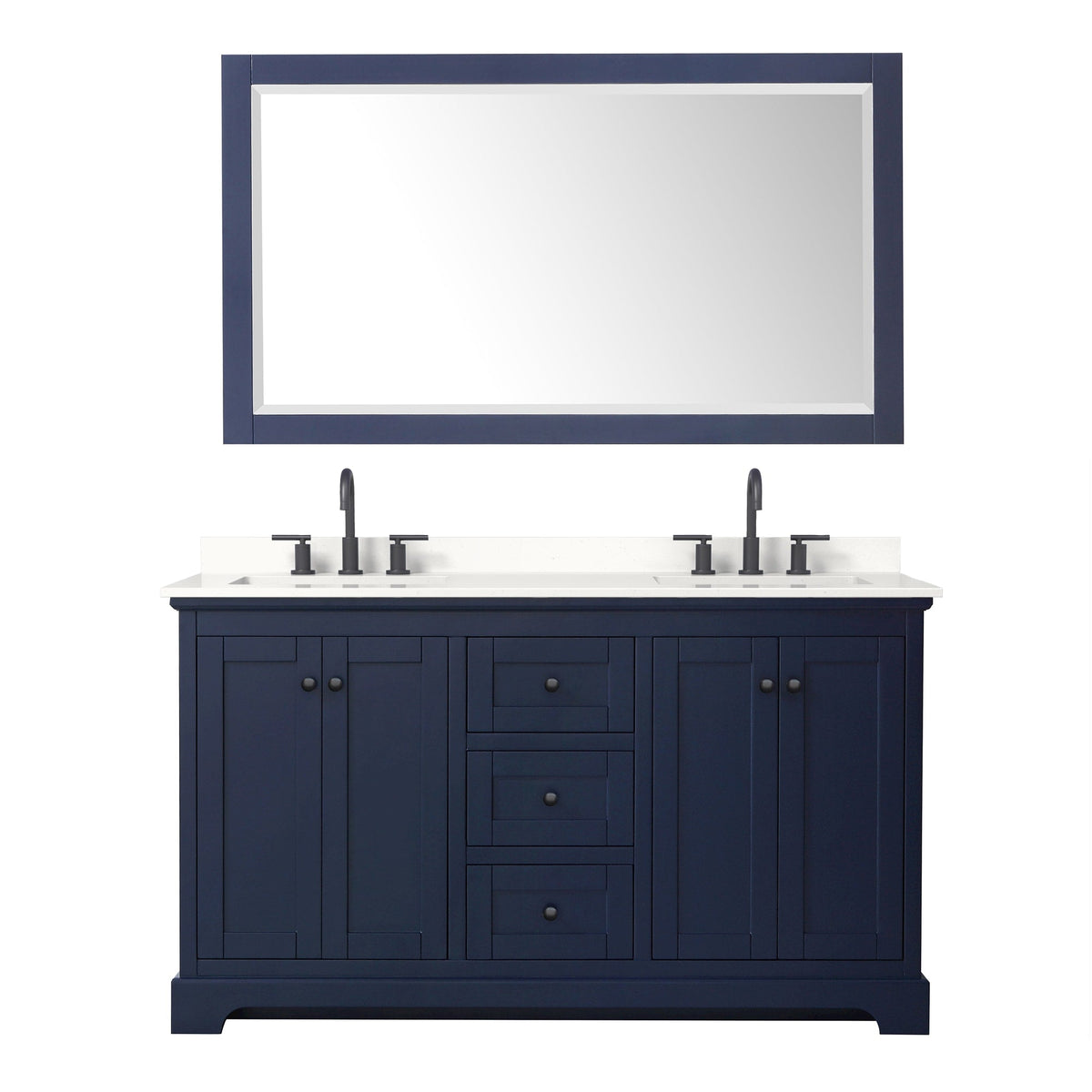 Wyndham Collection Avery 60" Double Bathroom Vanity in Dark Blue, White Quartz Countertop, Undermount Square Sinks (3-Hole), Matte Black Trim and 58" Mirror