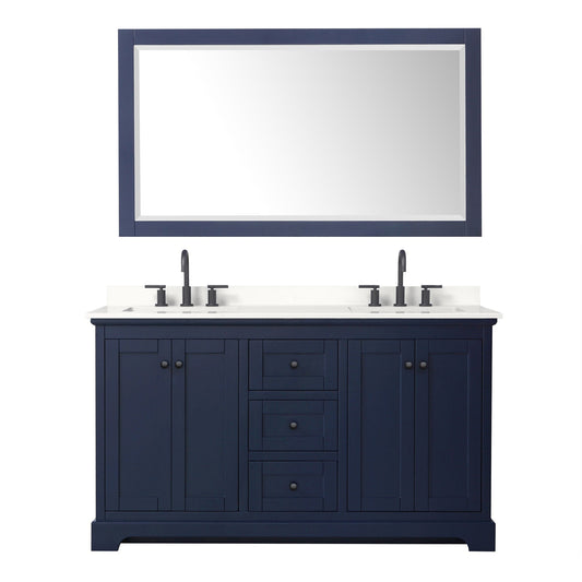 Wyndham Collection Avery 60" Double Bathroom Vanity in Dark Blue, White Quartz Countertop, Undermount Square Sinks (3-Hole), Matte Black Trim and 58" Mirror