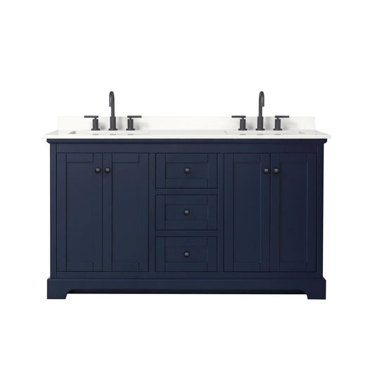Wyndham Collection Avery 60" Double Bathroom Vanity in Dark Blue, White Quartz Countertop, Undermount Square Sinks (3-Hole), Matte Black Trim