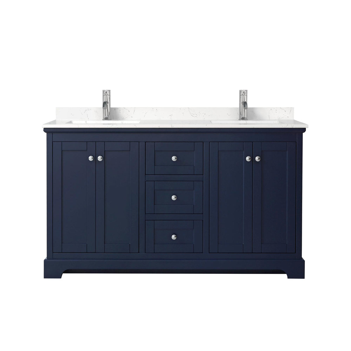 Wyndham Collection Avery 60" Double Bathroom Vanity in Dark Blue, Carrara Cultured Marble Countertop, Undermount Square Sinks (1-Hole), Polished Chrome Trim