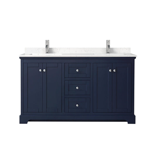 Wyndham Collection Avery 60" Double Bathroom Vanity in Dark Blue, Carrara Cultured Marble Countertop, Undermount Square Sinks (1-Hole), Polished Chrome Trim