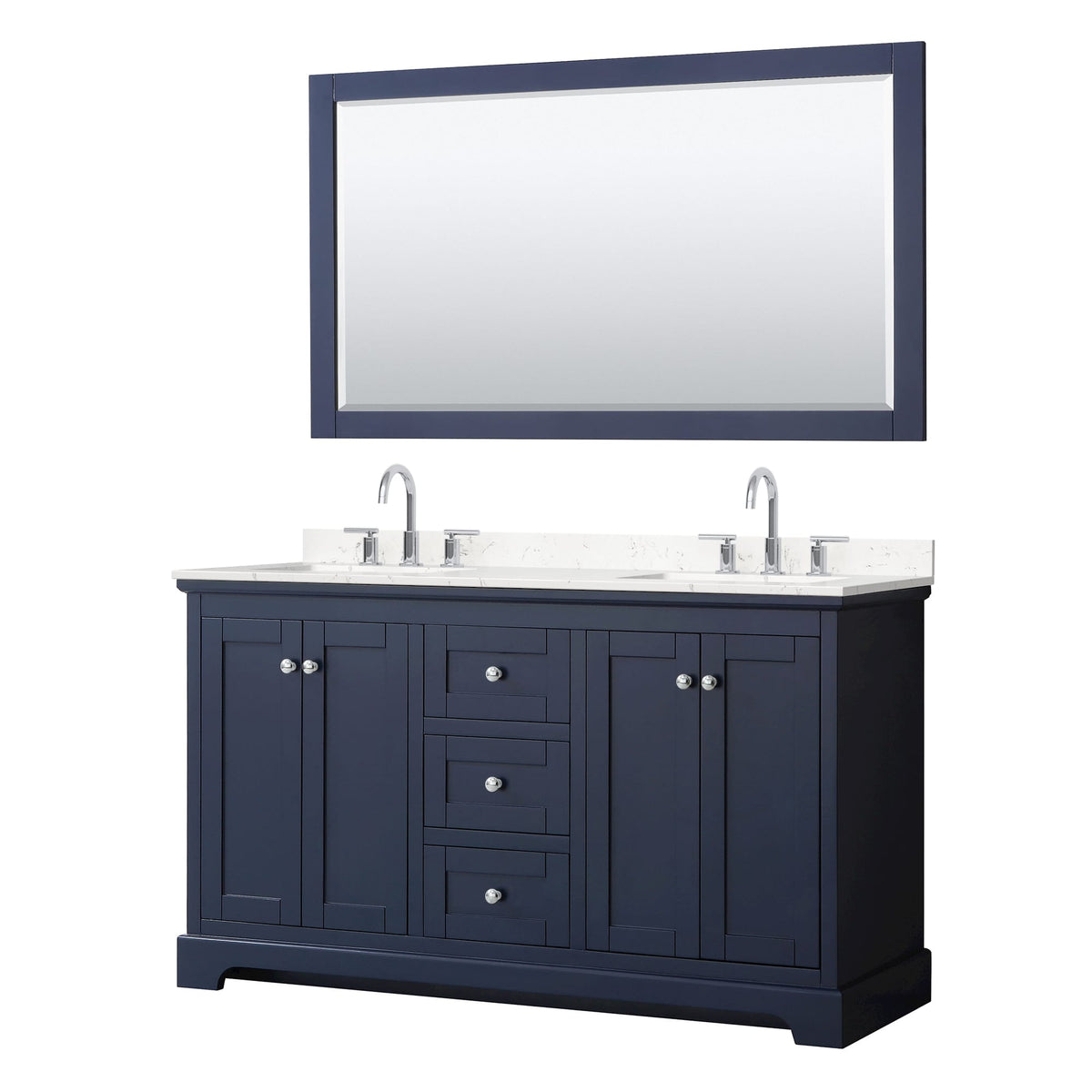 Wyndham Collection Avery 60" Double Bathroom Vanity in Dark Blue, Carrara Cultured Marble Countertop, Undermount Square Sinks (3-Hole), Polished Chrome Trim and 58" Mirror