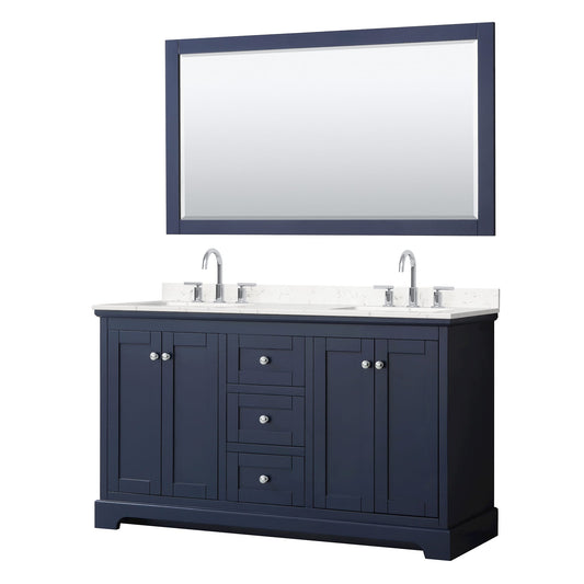 Wyndham Collection Avery 60" Double Bathroom Vanity in Dark Blue, Carrara Cultured Marble Countertop, Undermount Square Sinks (3-Hole), Polished Chrome Trim and 58" Mirror
