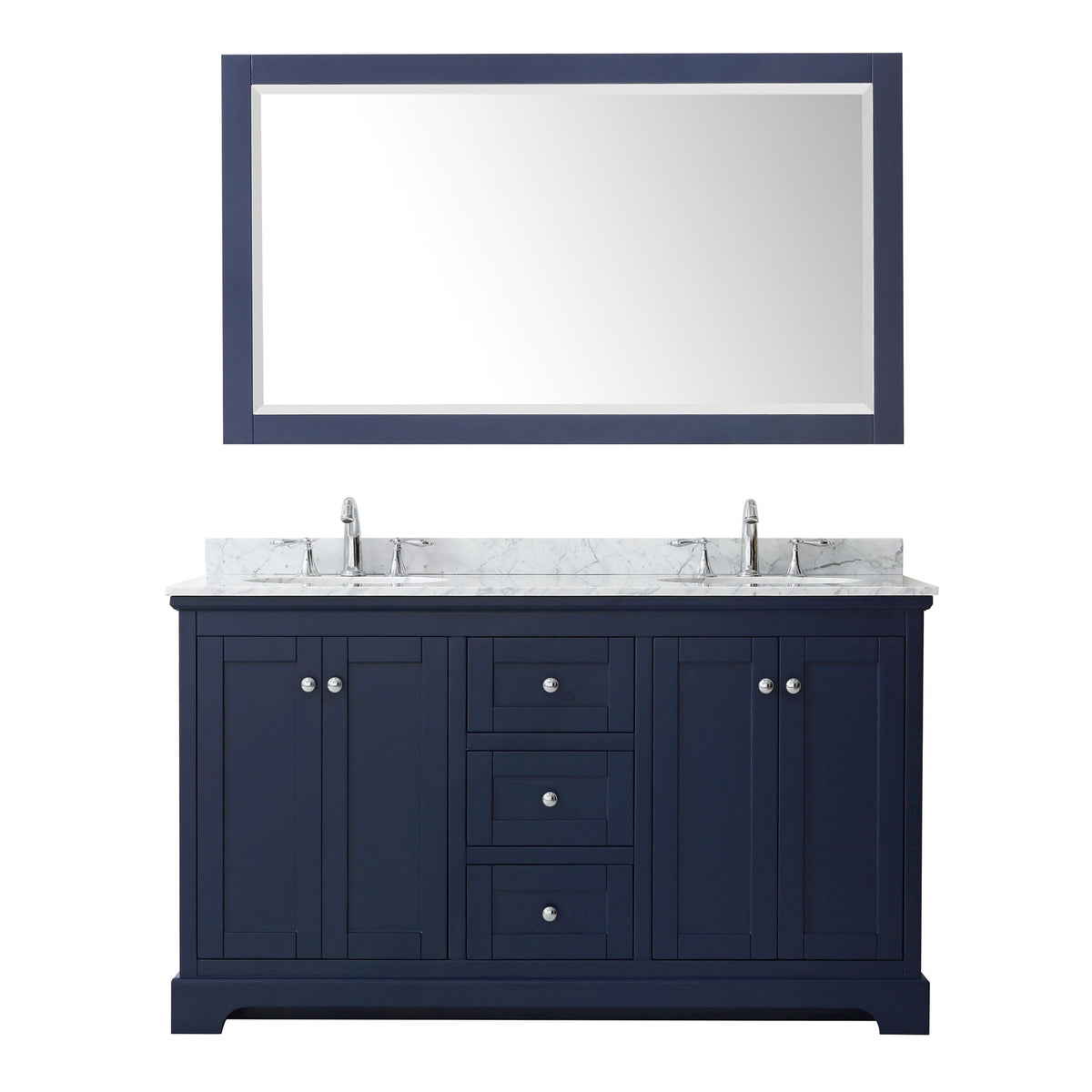 Wyndham Collection Avery 60" Double Bathroom Vanity in Dark Blue, White Carrara Marble Countertop, Undermount Oval Sinks (3-Hole), Polished Chrome Trim and 58" Mirror