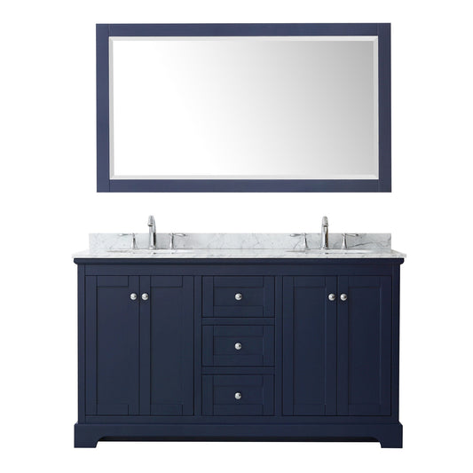 Wyndham Collection Avery 60" Double Bathroom Vanity in Dark Blue, White Carrara Marble Countertop, Undermount Oval Sinks (3-Hole), Polished Chrome Trim and 58" Mirror