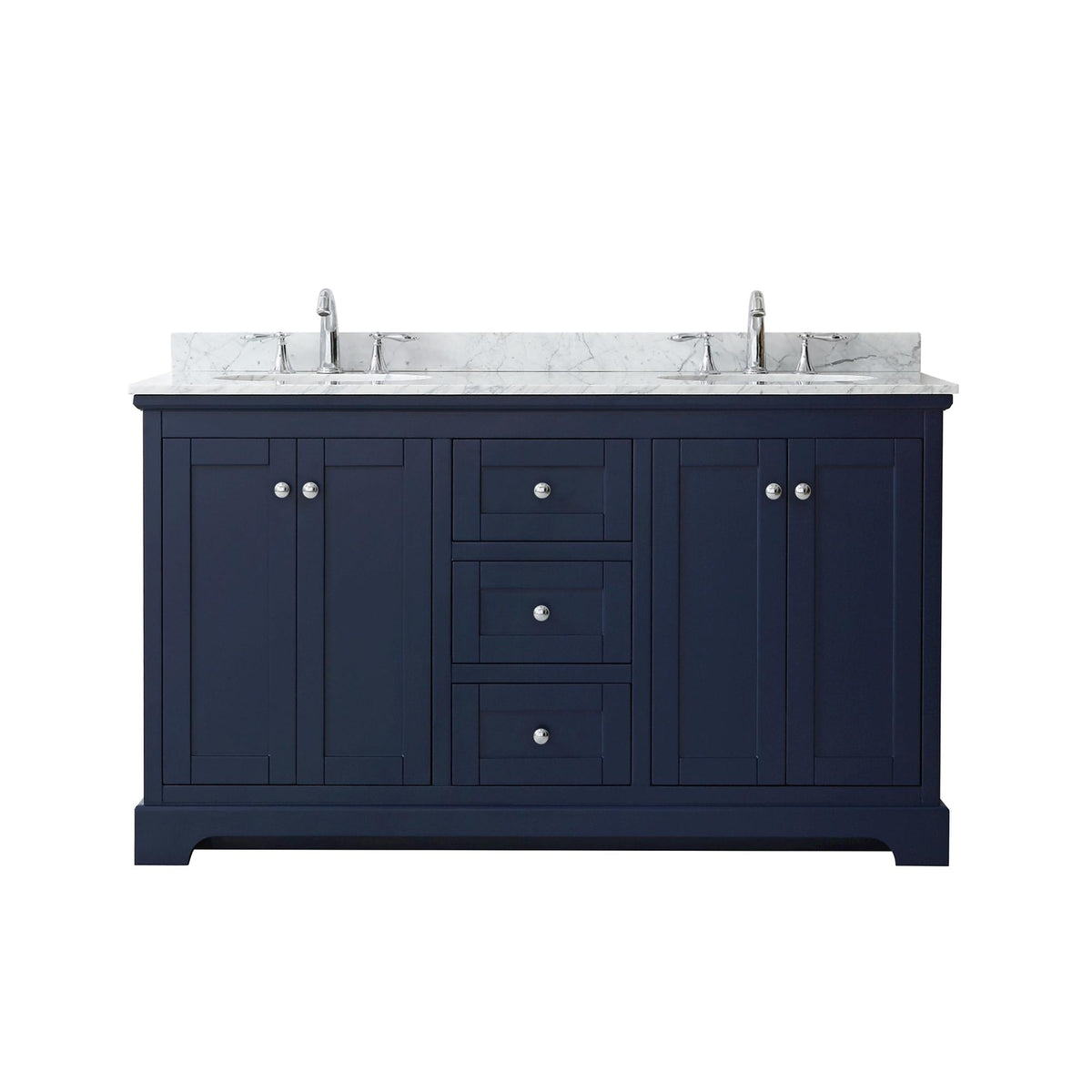 Wyndham Collection Avery 60" Double Bathroom Vanity in Dark Blue, White Carrara Marble Countertop, Undermount Oval Sinks (3-Hole), Polished Chrome Trim
