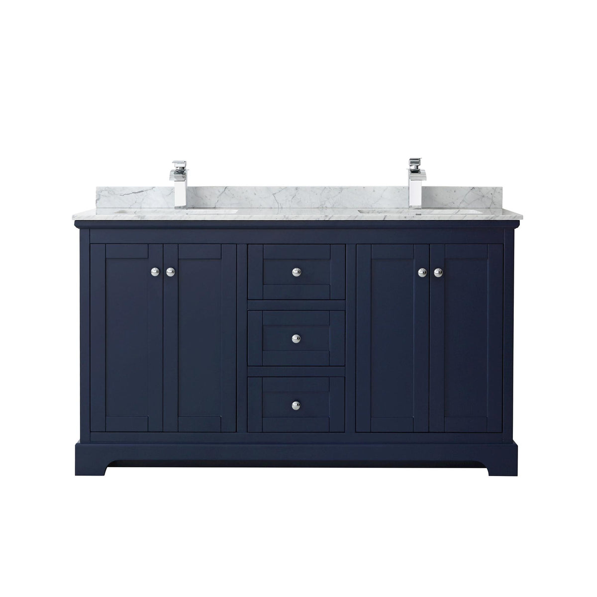 Wyndham Collection Avery 60" Double Bathroom Vanity in Dark Blue, White Carrara Marble Countertop, Undermount Square Sinks (1-Hole), Polished Chrome Trim