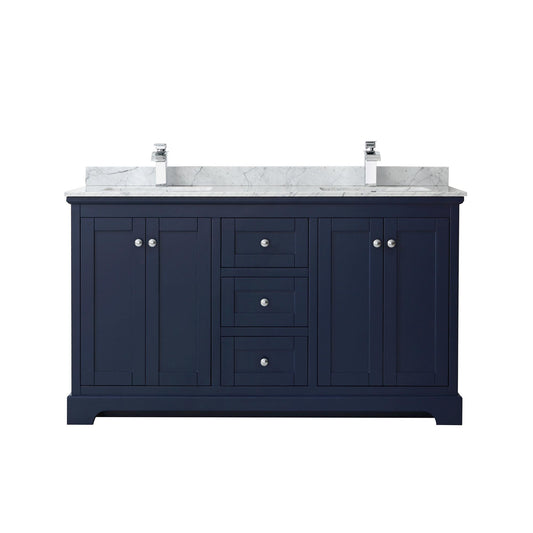Wyndham Collection Avery 60" Double Bathroom Vanity in Dark Blue, White Carrara Marble Countertop, Undermount Square Sinks (1-Hole), Polished Chrome Trim