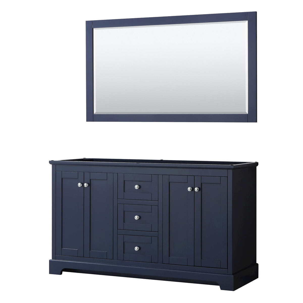 Wyndham Collection Avery 60" Double Bathroom Vanity in Dark Blue, No Countertop, No Sinks, Polished Chrome Trim and 58" Mirror