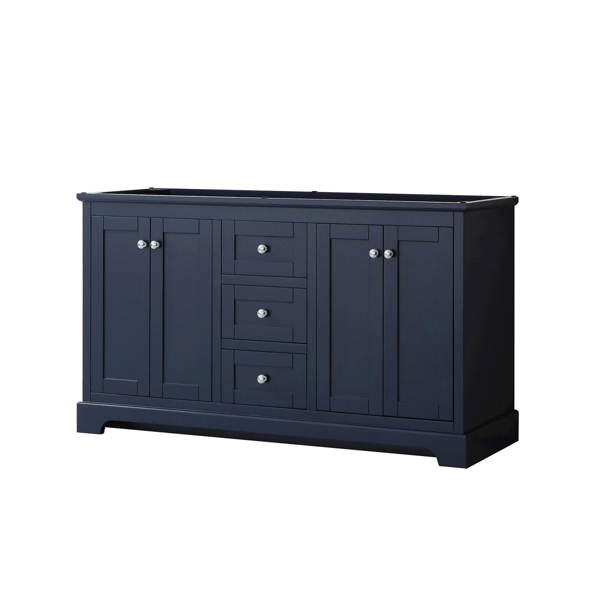 Wyndham Collection Avery 60" Double Bathroom Vanity in Dark Blue, No Countertop, No Sinks, Polished Chrome Trim
