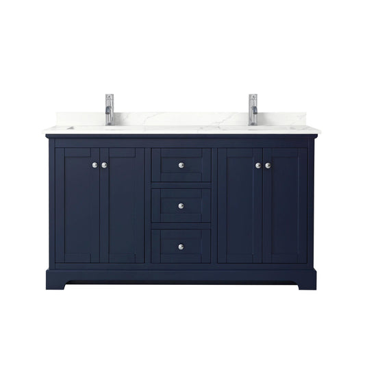 Wyndham Collection Avery 60" Double Bathroom Vanity in Dark Blue, Giotto Quartz Countertop, Undermount Square Sinks (1-Hole), Polished Chrome Trim
