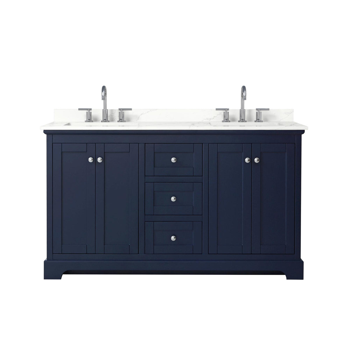 Wyndham Collection Avery 60" Double Bathroom Vanity in Dark Blue, Giotto Quartz Countertop, Undermount Square Sinks (3-Hole), Polished Chrome Trim