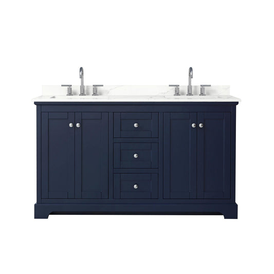 Wyndham Collection Avery 60" Double Bathroom Vanity in Dark Blue, Giotto Quartz Countertop, Undermount Square Sinks (3-Hole), Polished Chrome Trim